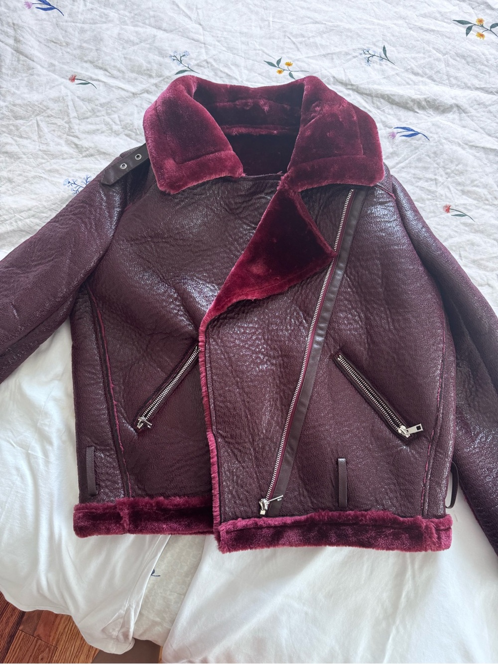 camilla & marc Burgundy Shearling-Trim Leather Moto Jacket
